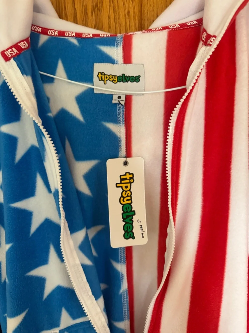 Tipsy Elves Red, White & Blue Stars & Stripes Hooded Onesie - Picture 2 of 3